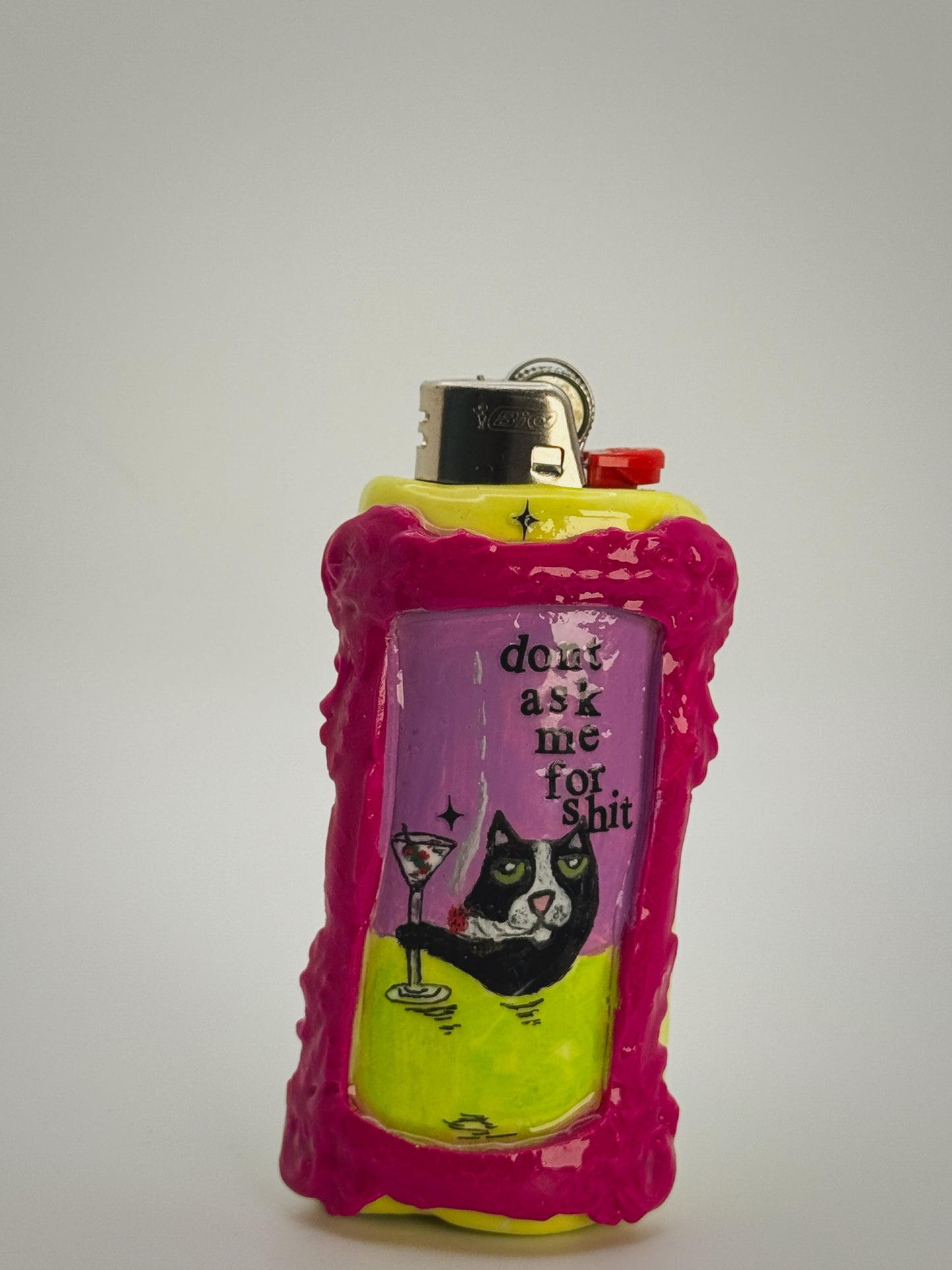 Martini Cat Lighter Case| Fits Standard Bic | Handmade Polymer Clay Art