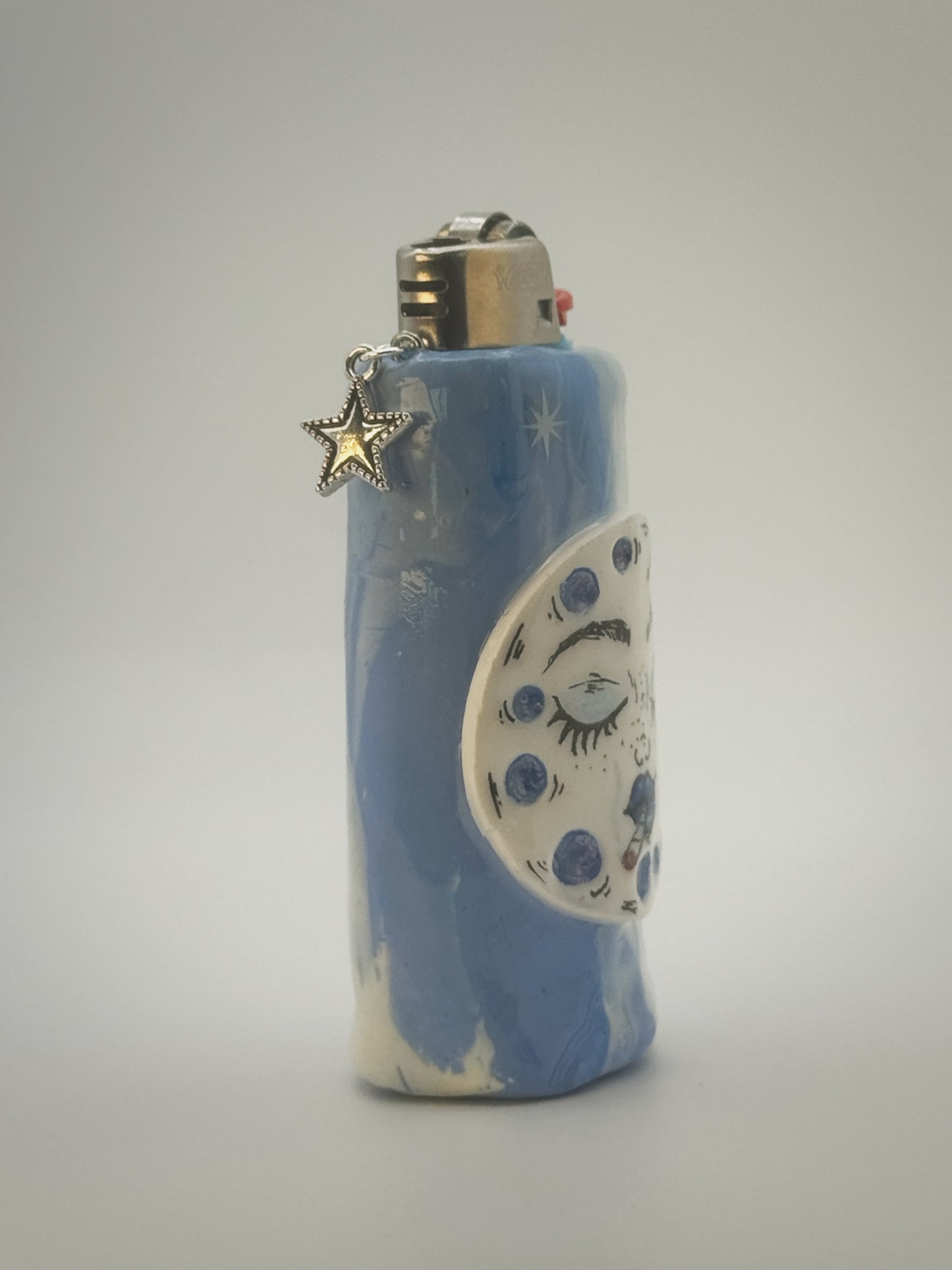 Smoking Moon Lighter Case with charm| Fits Standard Bic | Handmade Polymer Clay Art