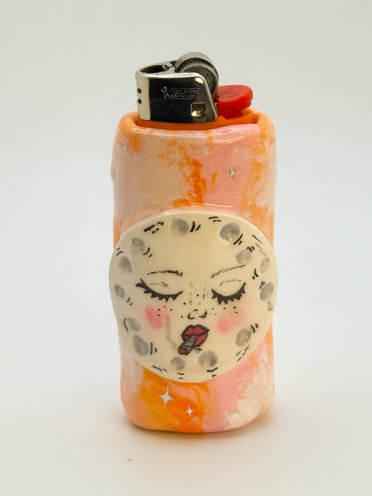 Handmade Smoking Moon Lighter Case – Polymer Clay Celestial Cover – Fits Standard Bic Lighter