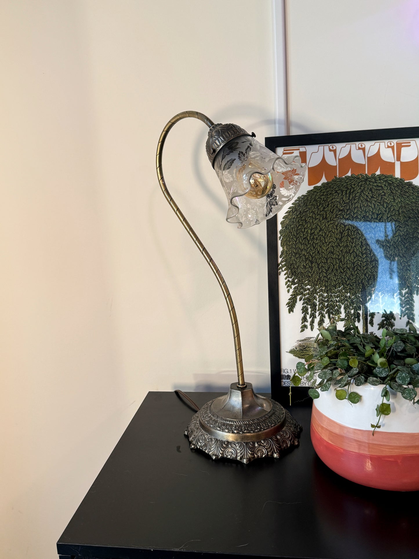 Vintage Brass Gooseneck Boudoir Lamp w/ Etched Glass Shade – 19”