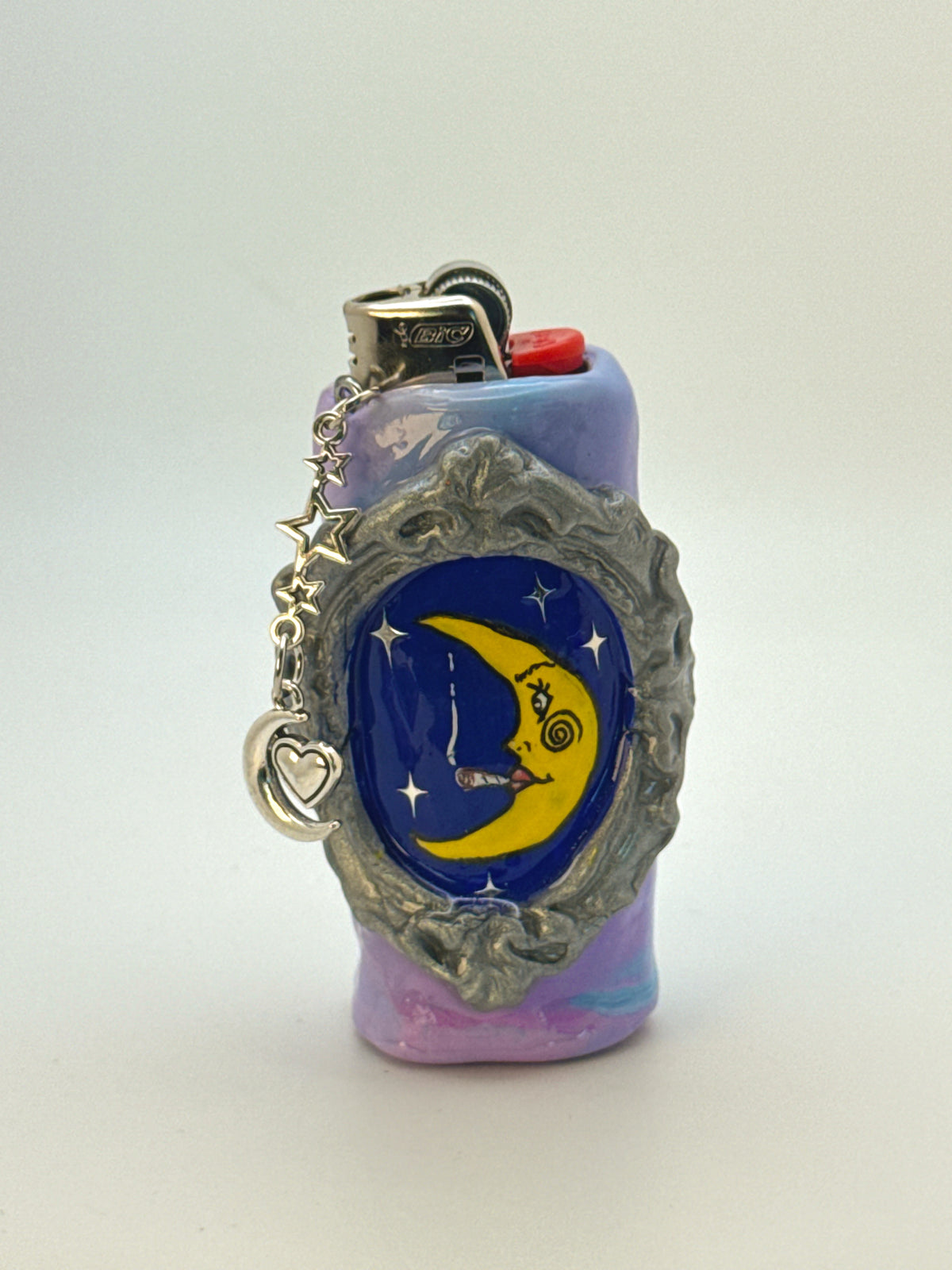 Vintage Frame Smoking Moon Case with charm| Fits Standard Bic | Handmade Polymer Clay Art