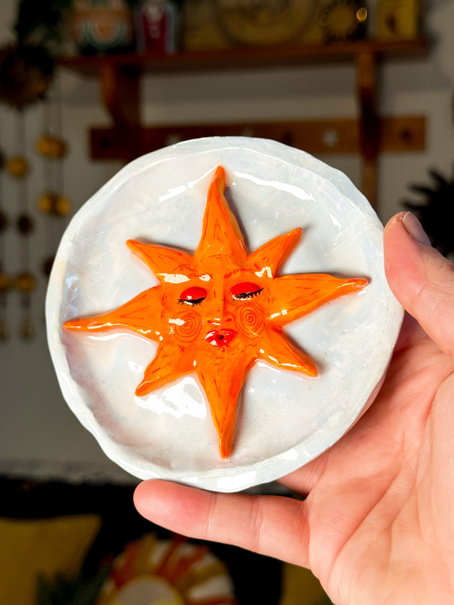 Handmade Sun Incense Holder – Celestial Polymer Clay Incense Dish – Boho Sun Decor (4.5 Inch)