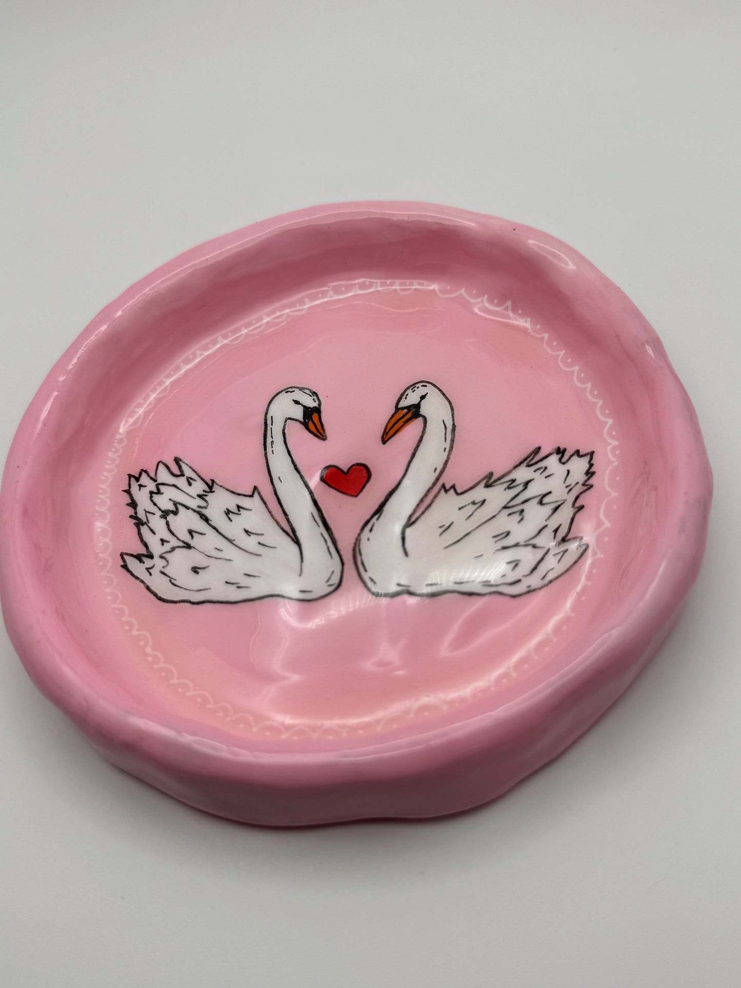 Pink Swan Love Trinket Dish – Hand-Painted Polymer Clay Jewelry Catchall (4.5”)