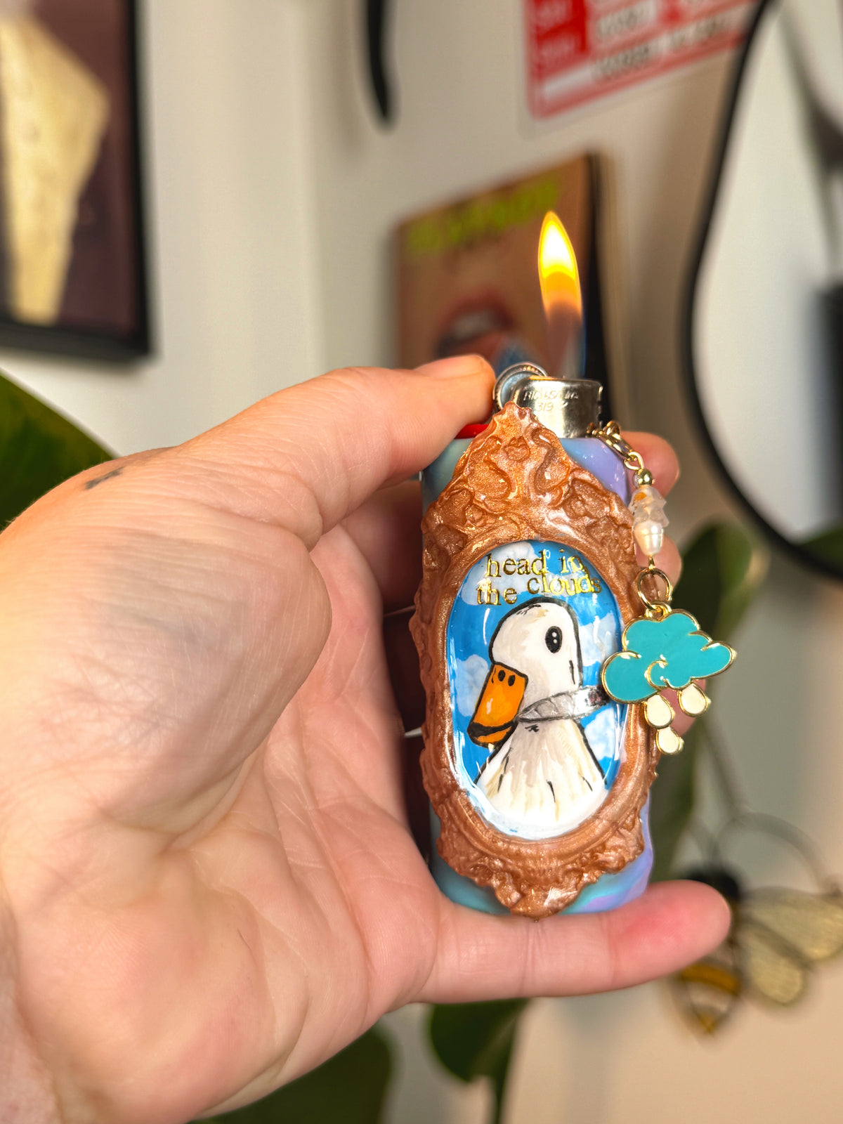 Vintage Frame Head in the Clouds Smoking Duck Case with charm| Fits Standard Bic | Handmade Polymer Clay Art