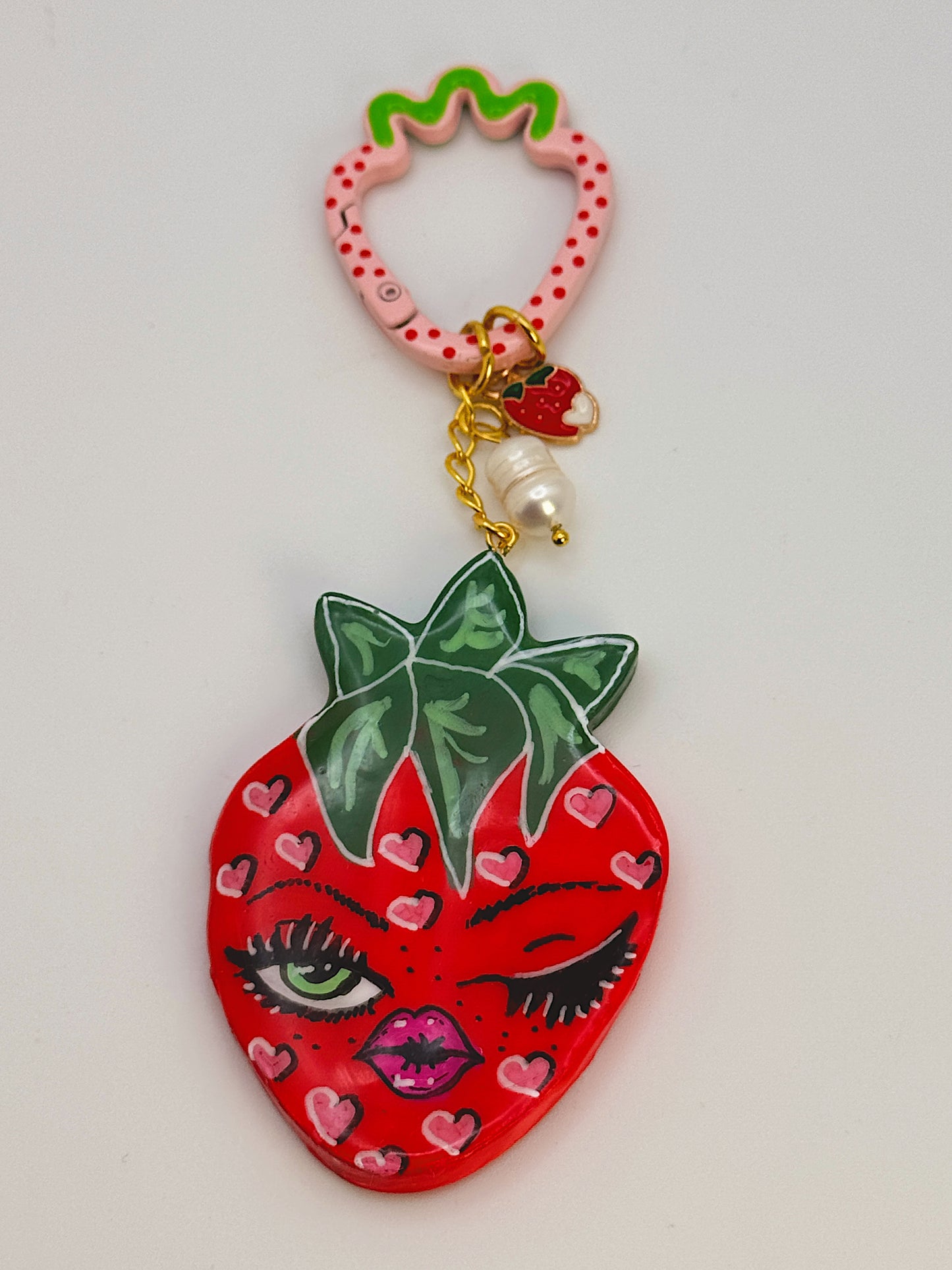 Winking Strawberry Bag Charm – Handmade Strawberry Keychain with Heart Clip