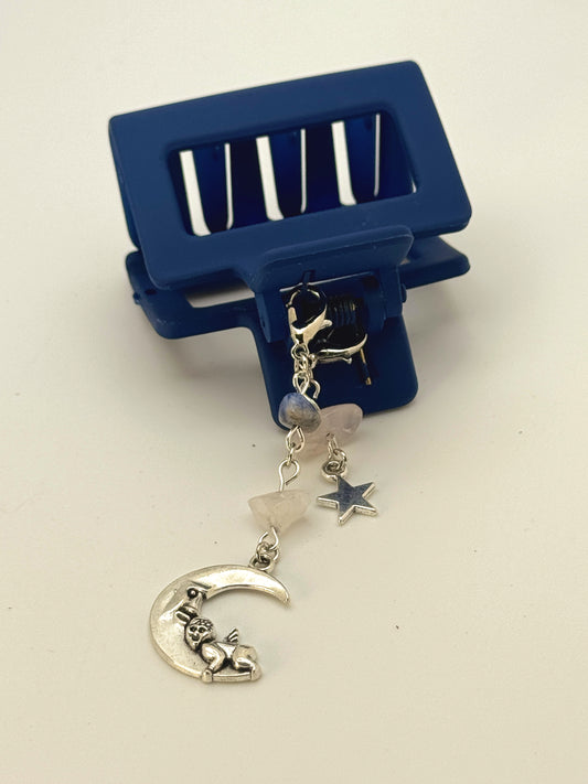 Blue Small Claw Clip with Handmade Beaded Charms | Removable Charm Clip | 2.1”