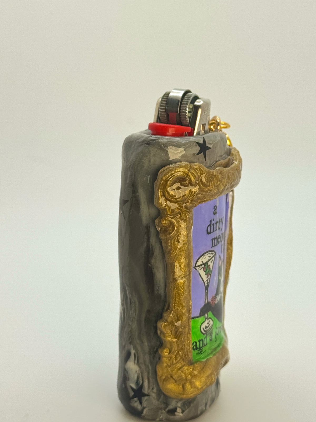 Vintage Frame Martini Kitty Case with charm| Fits Standard Bic | Handmade Polymer Clay Art