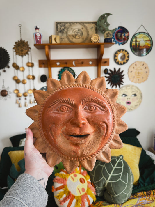 Vintage 12” Terracotta Sun Face – Heavy Mexican Folk Art Wall Hanging
