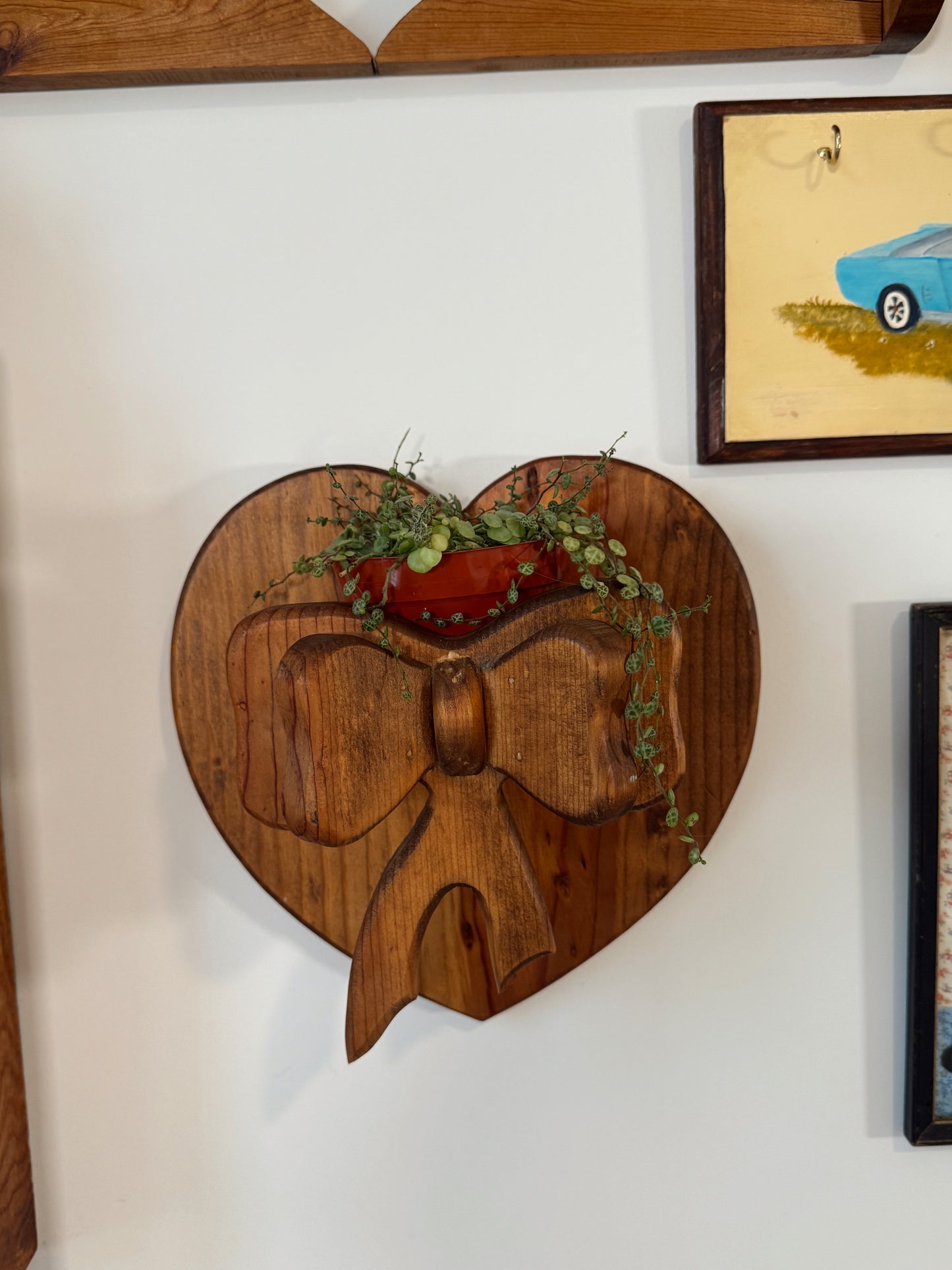 Vintage Wooden Heart Wall Shelf with Bow Detail