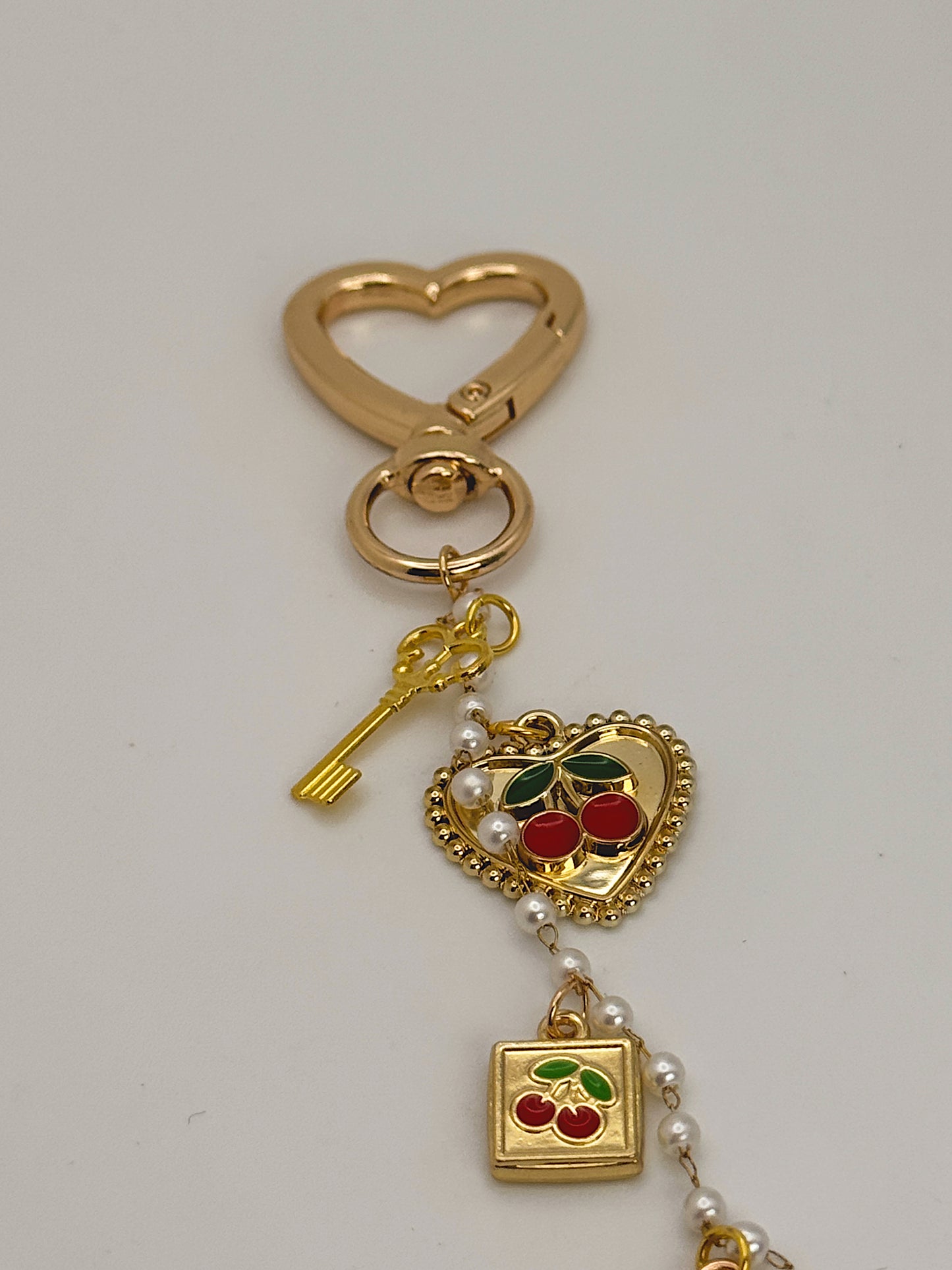 Cherry Heart Bag Charm with Gold Heart Clip & Pearl Chain