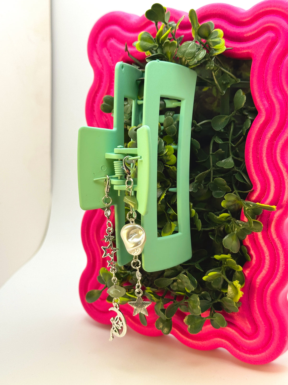 Green Large Claw Clip with Handmade Beaded Charms | Removable Charm Clip | 4.1”
