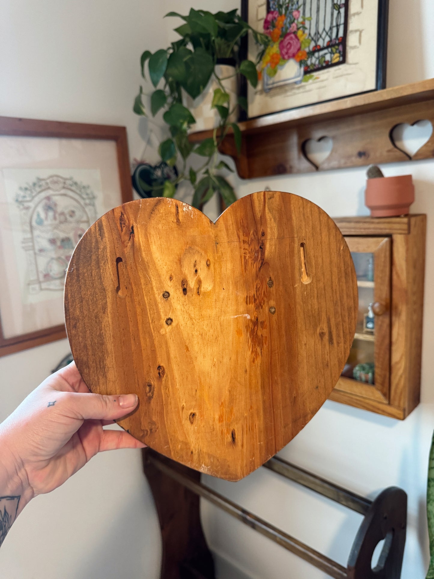 Vintage Wooden Heart Wall Shelf with Bow Detail
