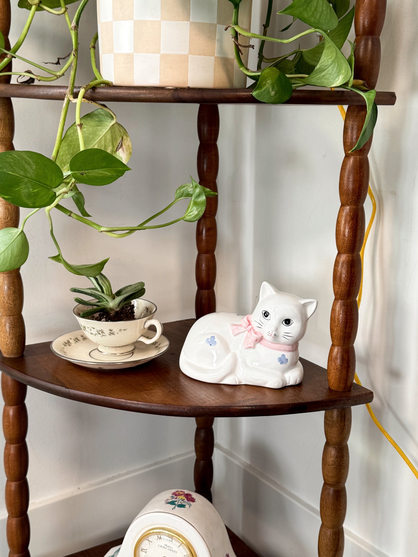 Vintage Ceramic Cat Figurine with Pink Bow | Made in Taiwan