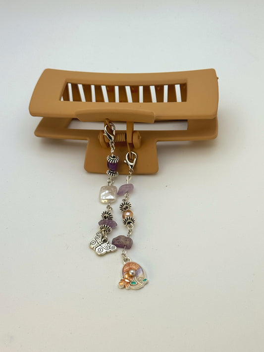 Tan Large Claw Clip with Handmade Beaded Charms | Removable Charm Clip | 4.1”