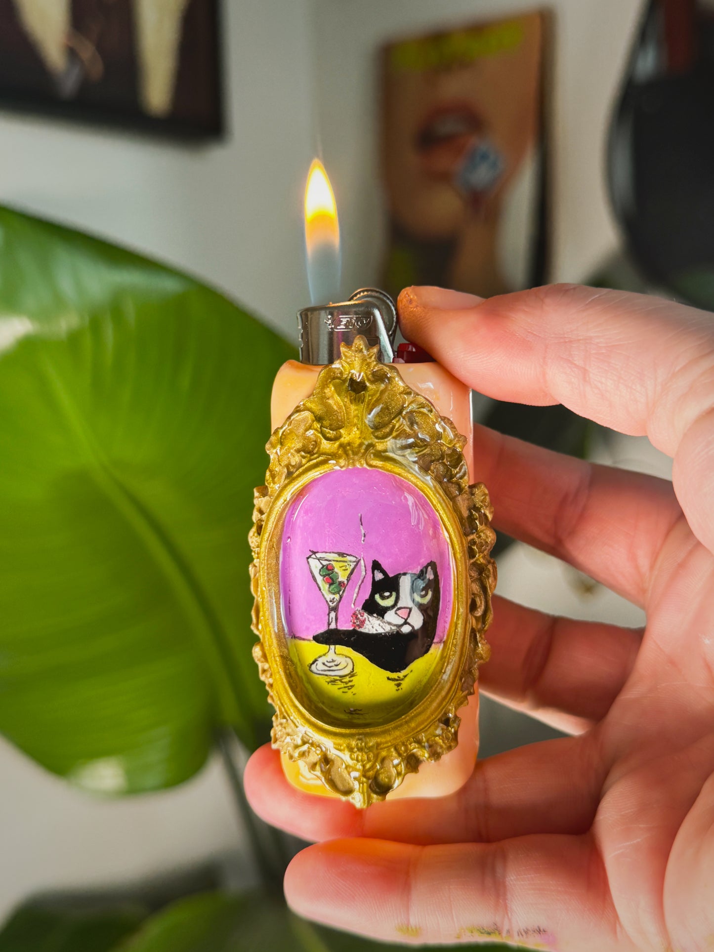 Vintage Frame Martini Cat Lighter Case| Fits Standard Bic | Handmade Polymer Clay Art