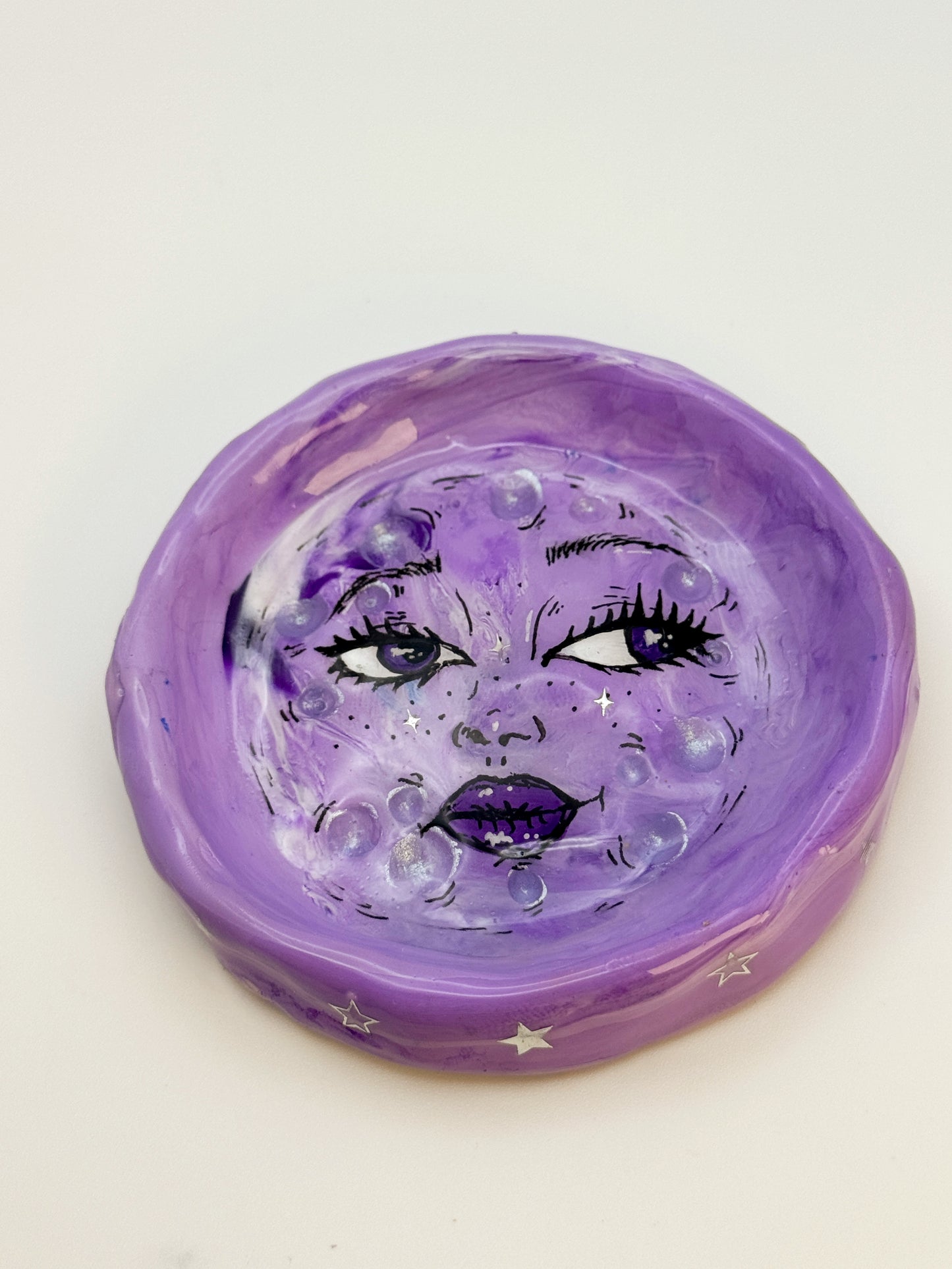 Handmade Moon Face Ring Dish – 3.5” Polymer Clay Celestial Trinket Dish – Purple Starry Jewelry Dish