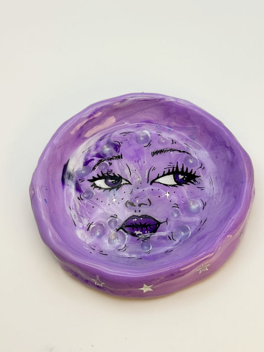 Handmade Moon Face Ring Dish – 3.5” Polymer Clay Celestial Trinket Dish – Purple Starry Jewelry Dish