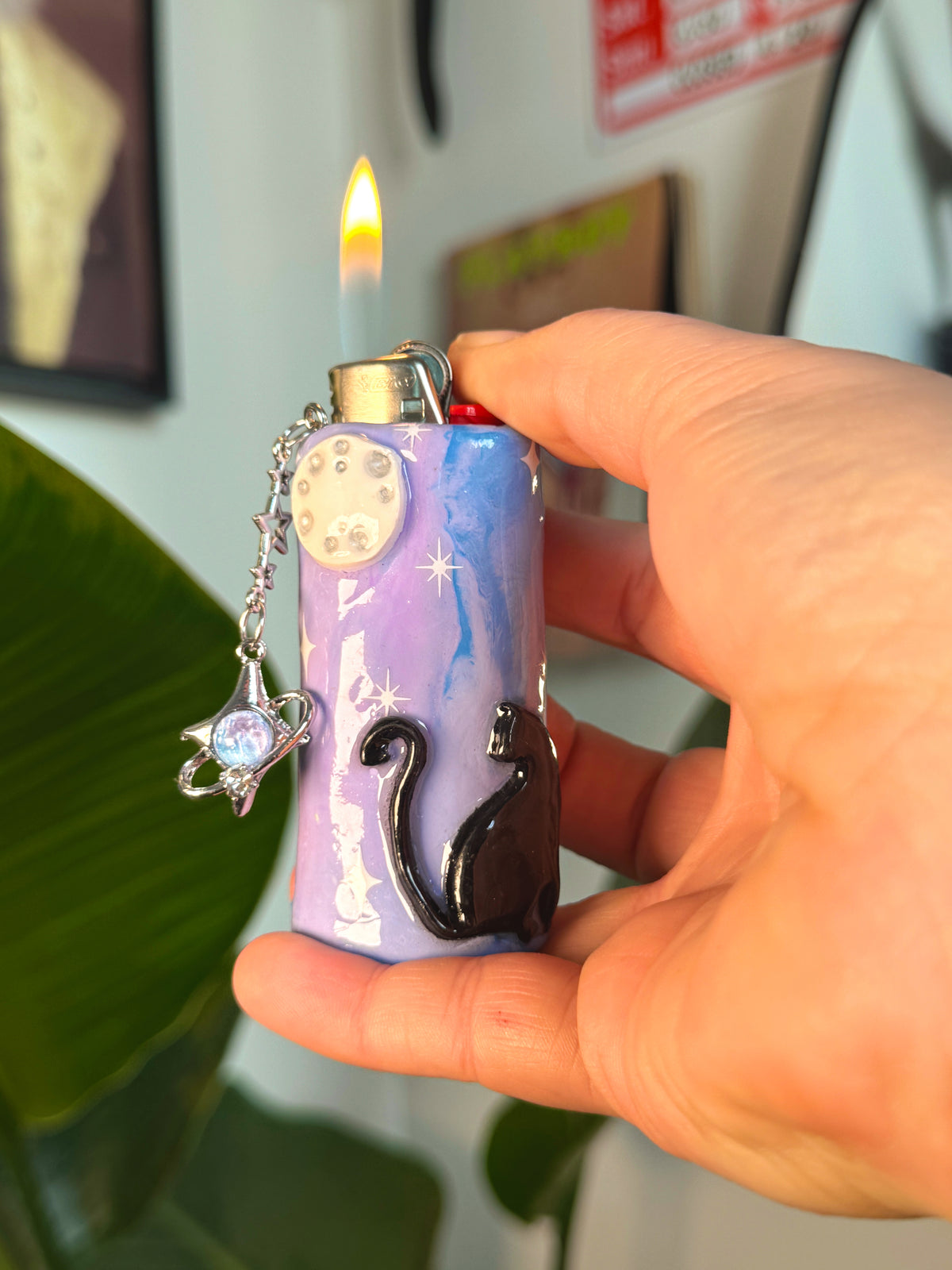 Black Cat Case with charm| Fits Standard Bic | Handmade Polymer Clay Art