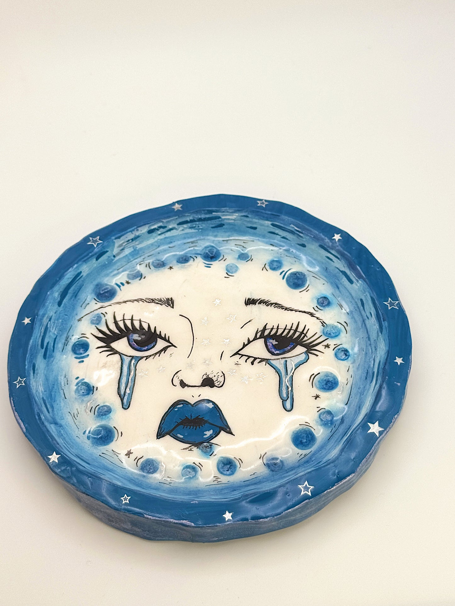 Crying Moon Trinket Dish – Hand-Painted Celestial Face (5.5”)