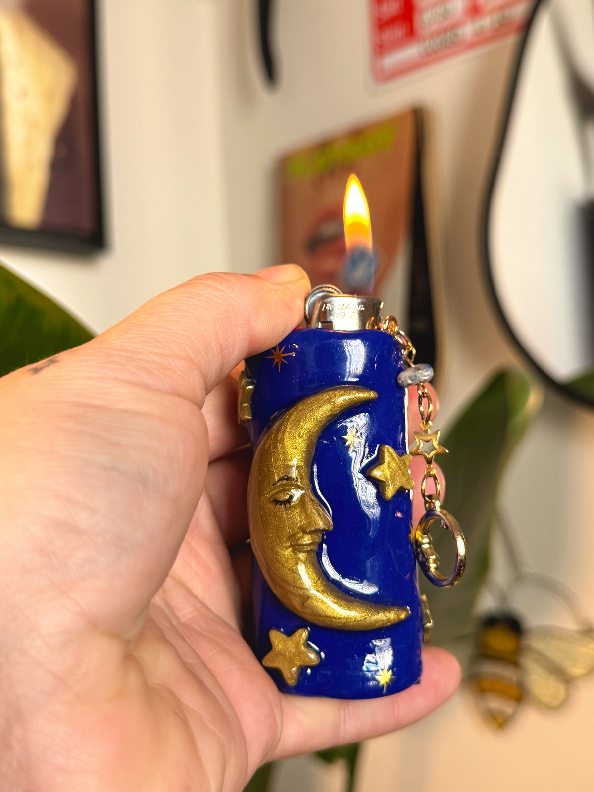 90s Celestial Moon Case (GOLD) with charm| Fits Standard Bic | Handmade Polymer Clay Art