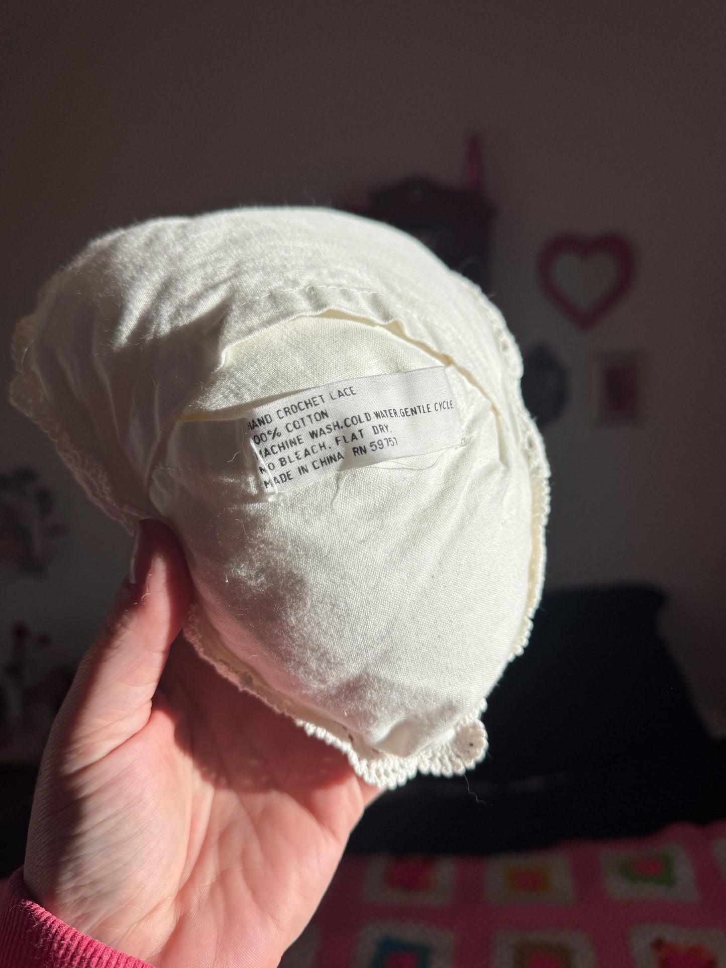 Vintage Crochet Lace Heart Pillow – Ivory Cotton, 7.5”