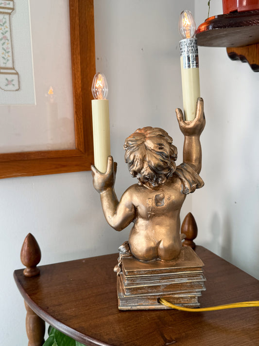 Vintage Cherub Double Candle Lamp Sitting on Books | Gold Angel Table Lamp