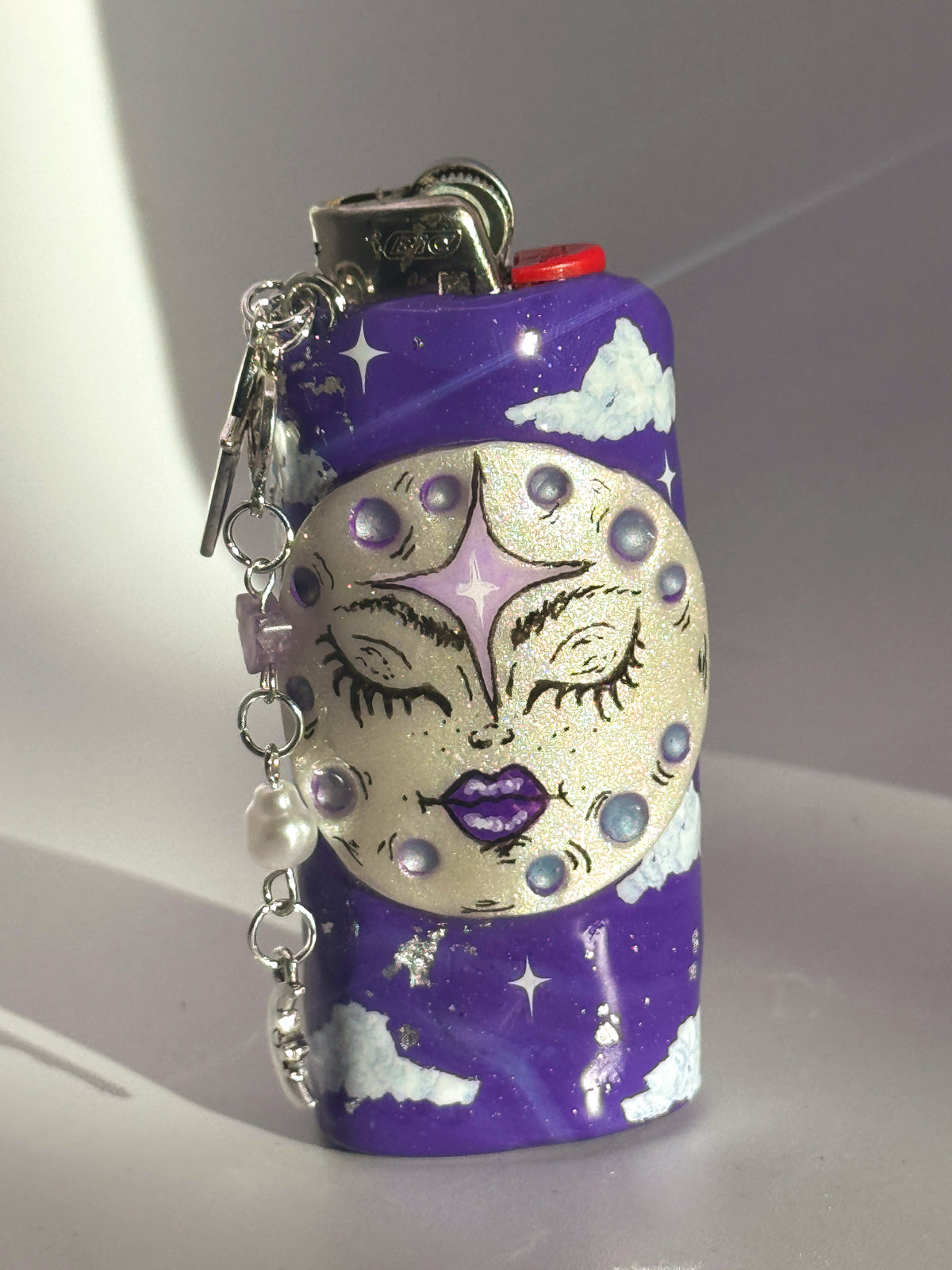 Whimsical Moon Case with charm| Fits Standard Bic | Handmade Polymer Clay Art