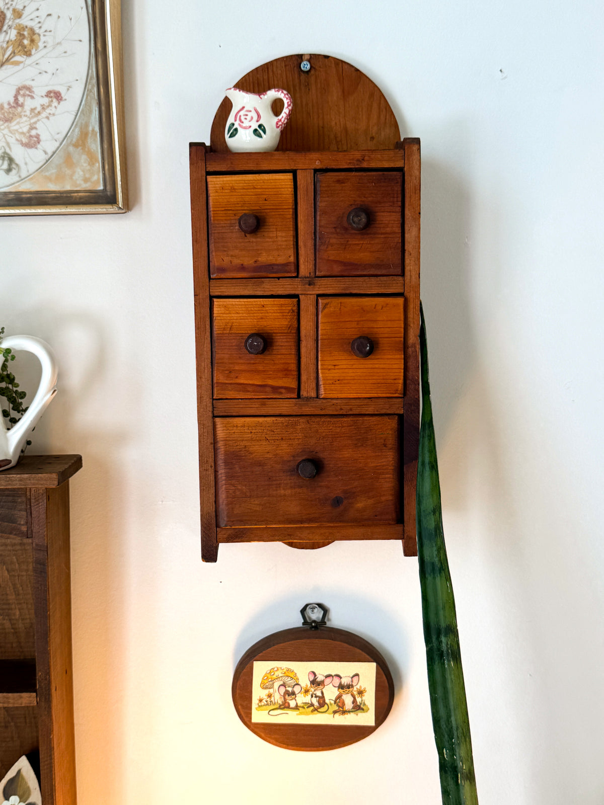 Vintage Handmade Pine Wall Spice Cabinet – 5 Drawer Apothecary