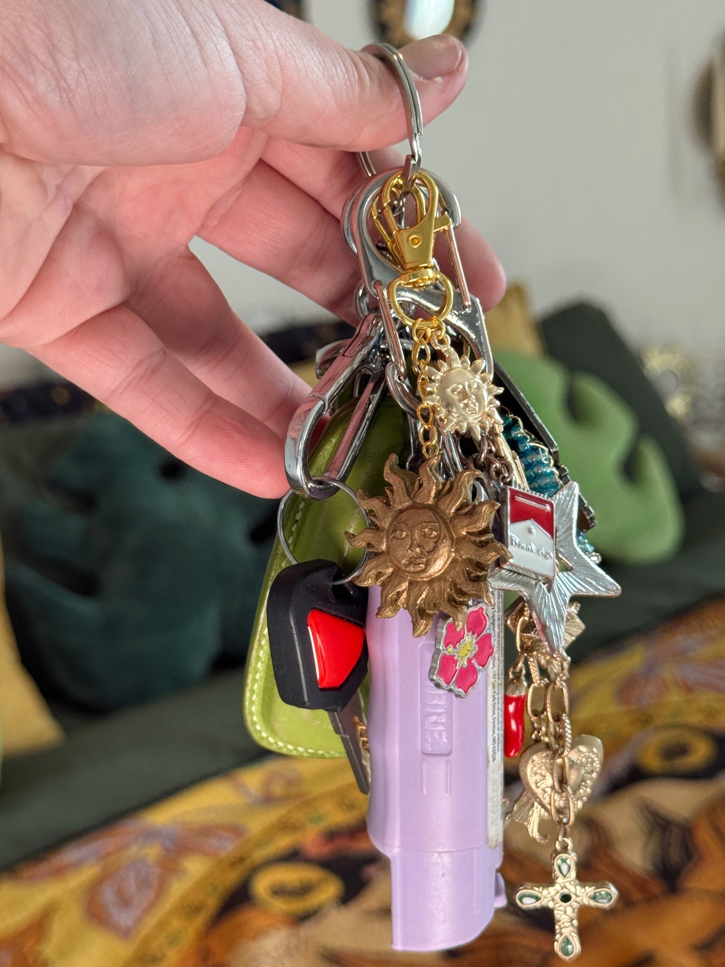 Golden Celestial Sun Bag Charm – Handmade Polymer Clay Keychain