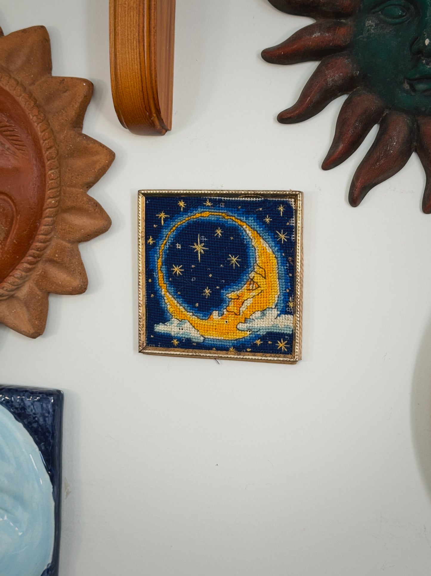 Vintage Celestial Moon Needlepoint – 5.5” Framed Whimsigoth Wall Art