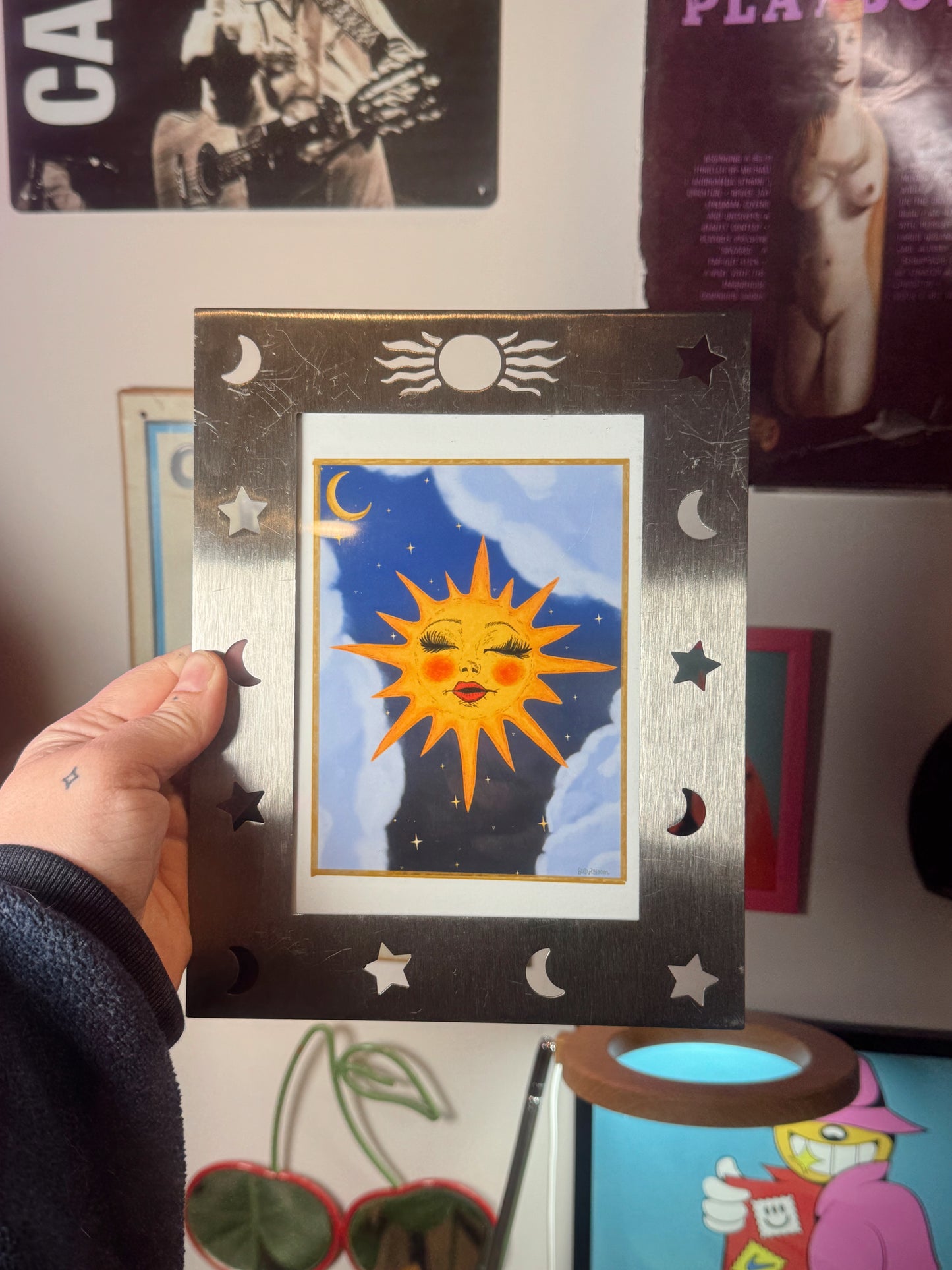Miss Sunny 5x7 Art Print in Vintage Celestial Silver Moon & Star Metal Frame | Framed Sun Face Wall Art