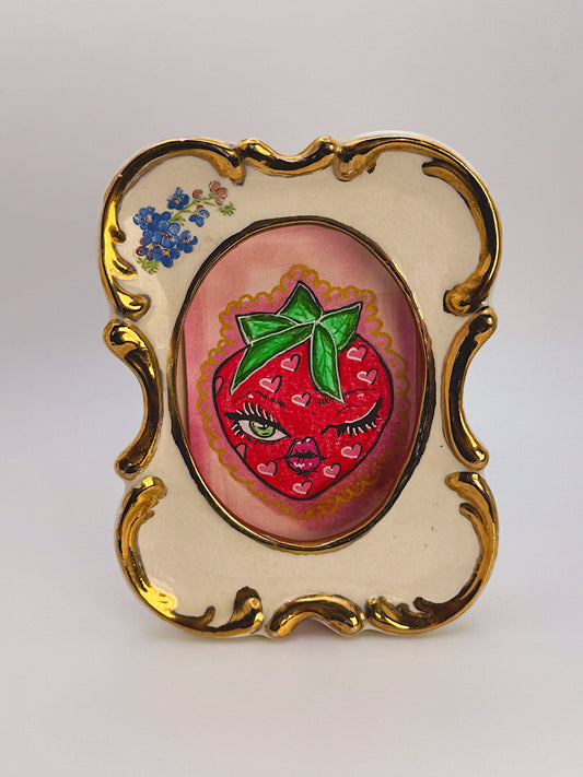 Vintage Ornate Frame with Original Strawberry Cupid Artwork – One of a Kind Mixed Media Art