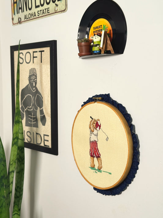Vintage Golfing Bear Cross Stitch Wall Hanging | Framed Embroidery Hoop Art