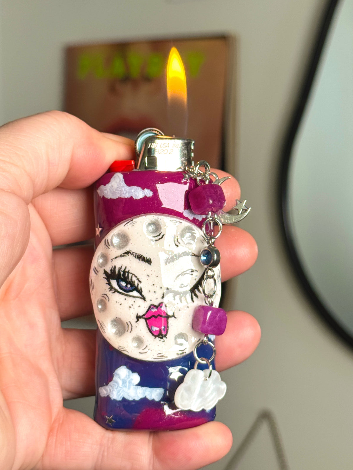 Galactic Haze Moon Lighter Case with charm| Fits Standard Bic | Handmade Polymer Clay Art