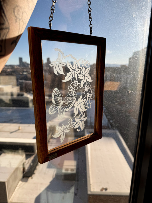 Vintage Etched Glass Butterfly Window Hanging | Wood Frame Suncatcher