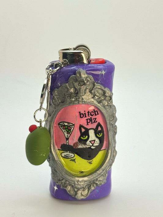 Vintage Frame Martini Kitty Case with charm| Fits Standard Bic | Handmade Polymer Clay Art
