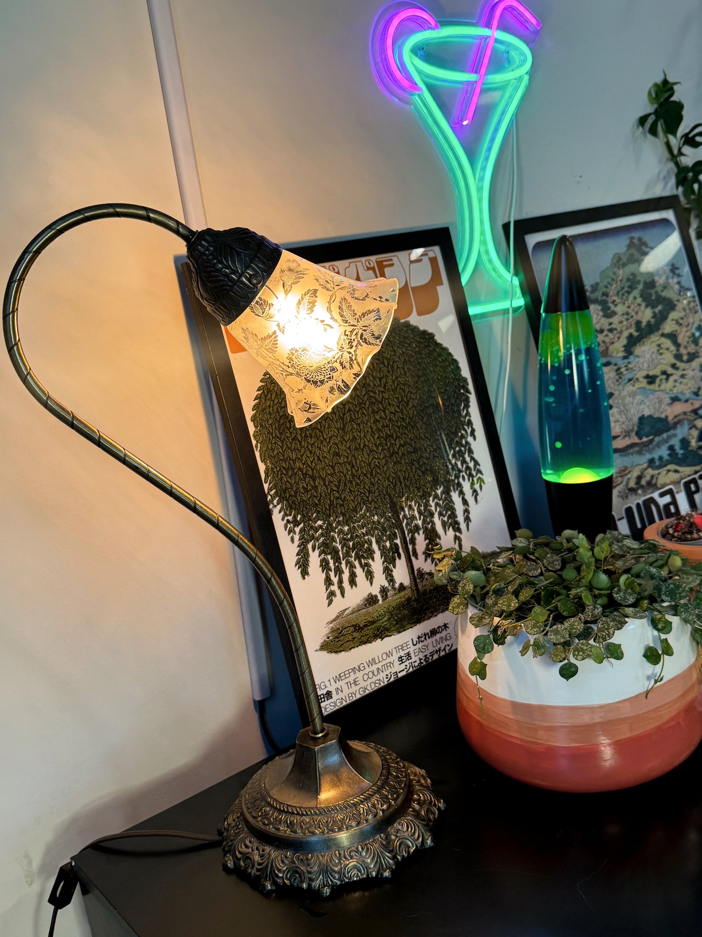 Vintage Brass Gooseneck Boudoir Lamp w/ Etched Glass Shade – 19”