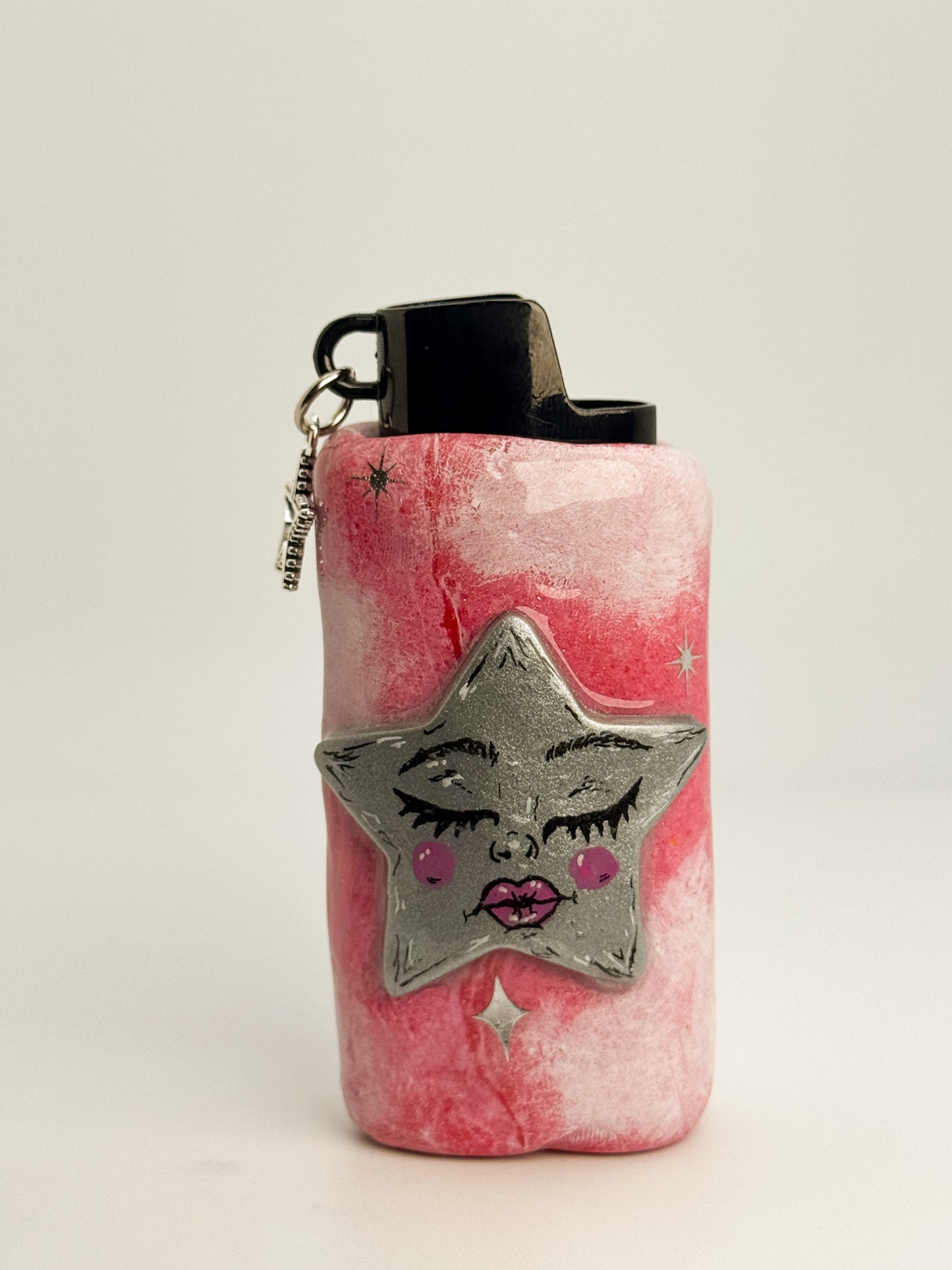Pink Celestial Star Lighter Case w/ Charm | Fits Standard Bic | Handmade Polymer Clay Art