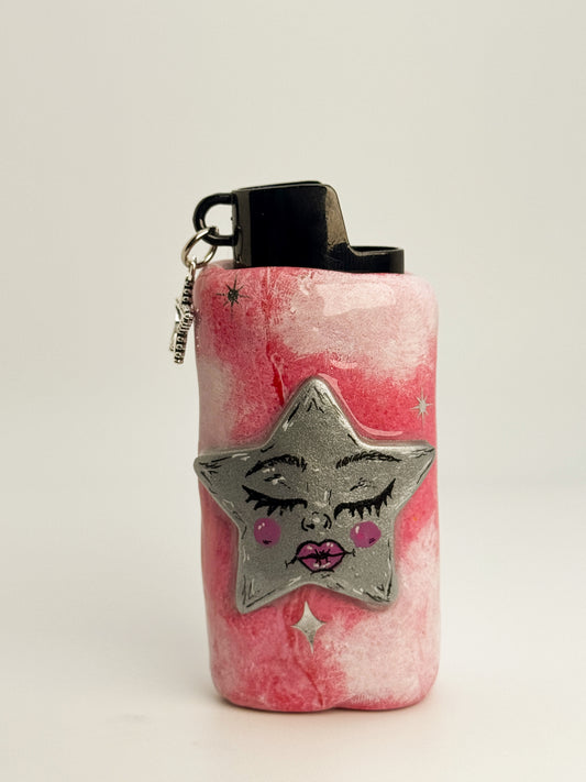Pink Celestial Star Lighter Case w/ Charm | Fits Standard Bic | Handmade Polymer Clay Art