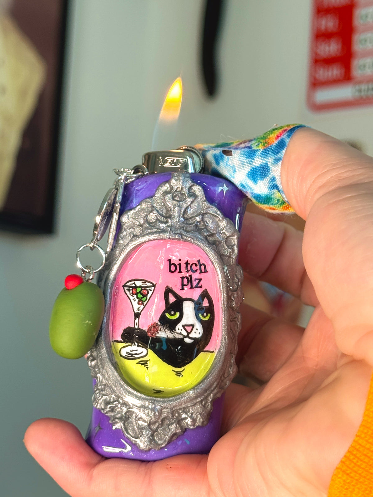 Vintage Frame Martini Kitty Case with charm| Fits Standard Bic | Handmade Polymer Clay Art