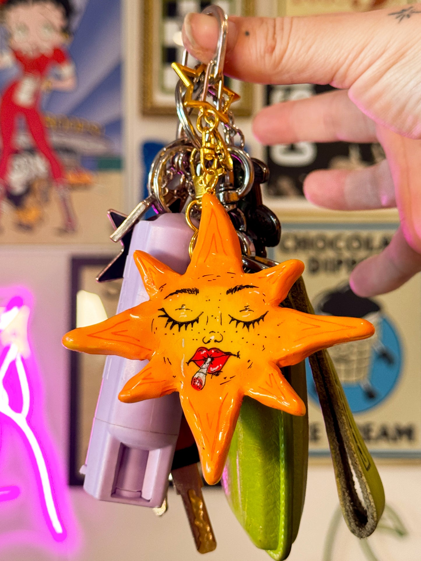 Smoking Sun Keychain – Handmade Polymer Clay Bag Charm