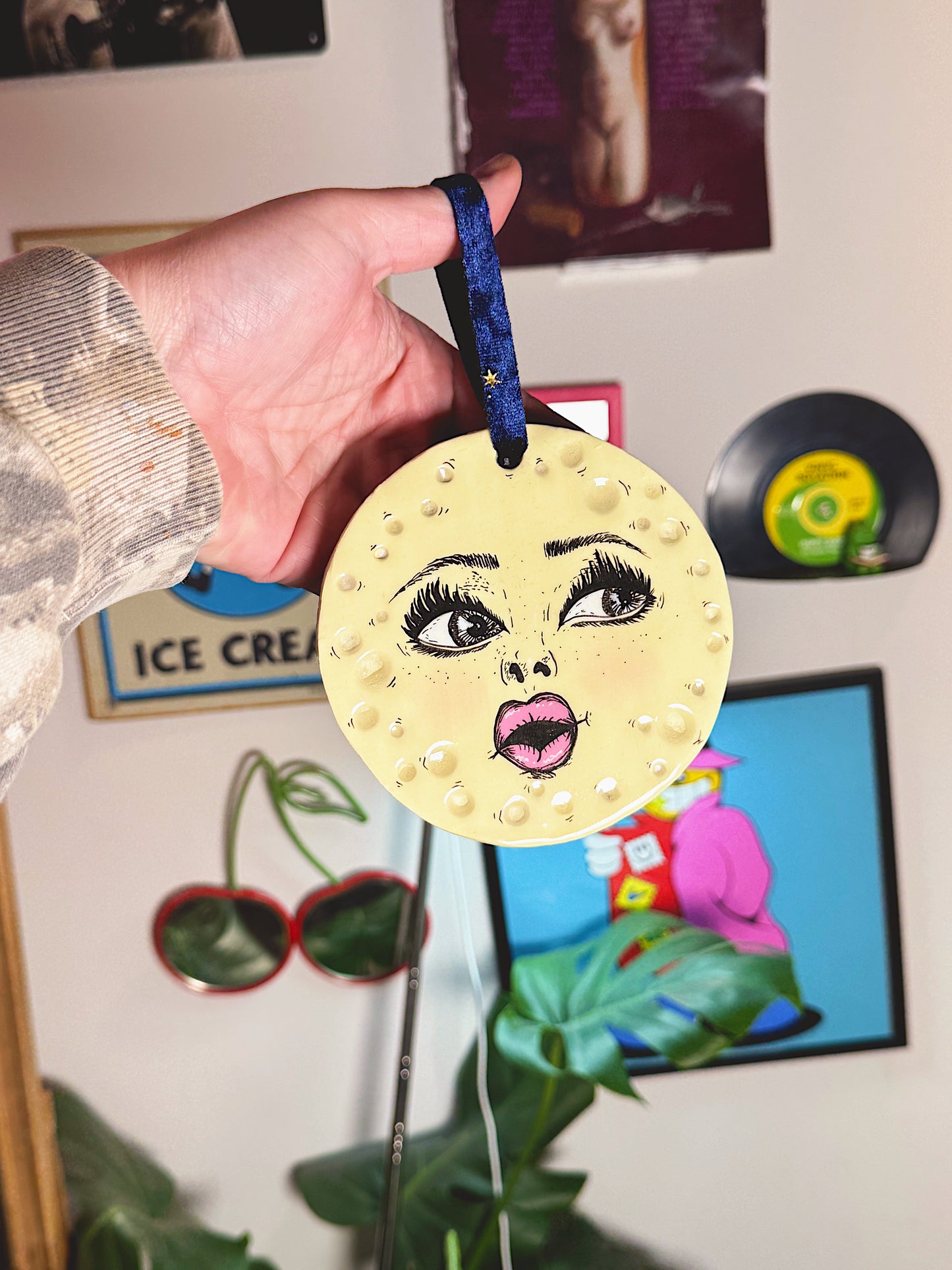Moon Face Wall Hanging – Handcrafted Polymer Clay Art (4.5”)