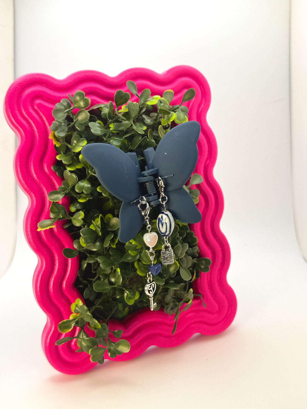 Dark Blue Butterfly Small Claw Clip with Handmade Beaded Charms | Removable Charm Clip | 2.1”