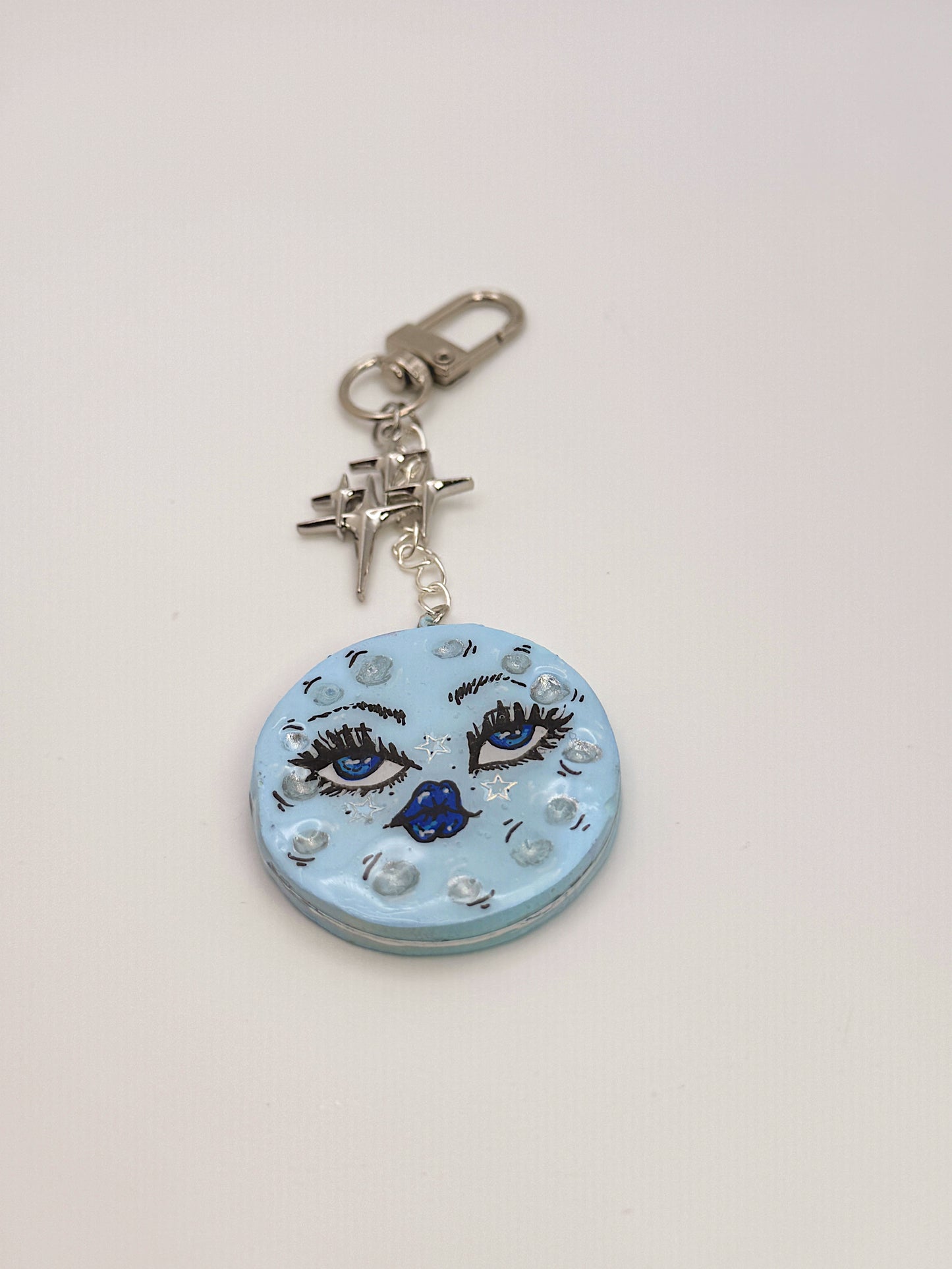 Blue Moon Face Keychain & Bag Charm – Hand-Painted Celestial Charm with Star Accent