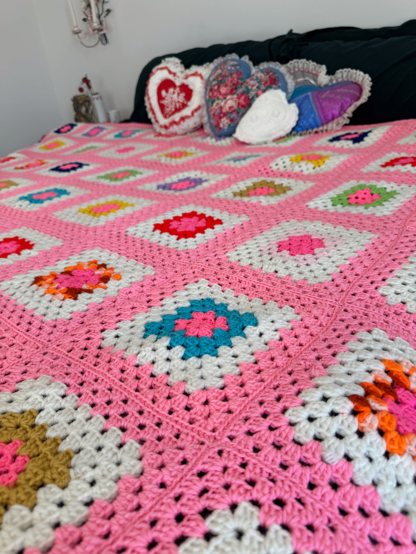 Vintage Hand-Crocheted Granny Square Blanket – Pink Patchwork Throw (82” x 82”)