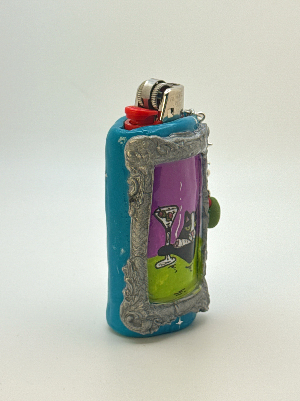Vintage Frame Martini Kitty Case with charm| Fits Standard Bic | Handmade Polymer Clay Art