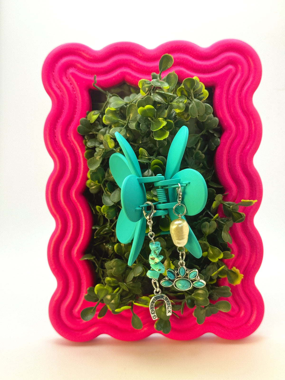 Turquoise Flower Medium Claw Clip with Handmade Beaded Charms | Removable Charm Clip | 3.1”