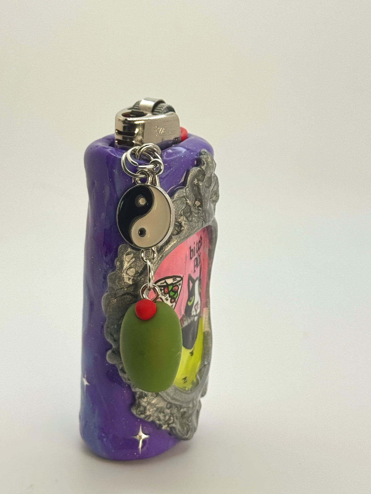 Vintage Frame Martini Kitty Case with charm| Fits Standard Bic | Handmade Polymer Clay Art