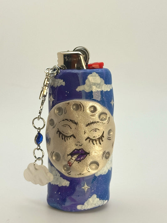 Smoking Moon Case with charm| Fits Standard Bic | Handmade Polymer Clay Art