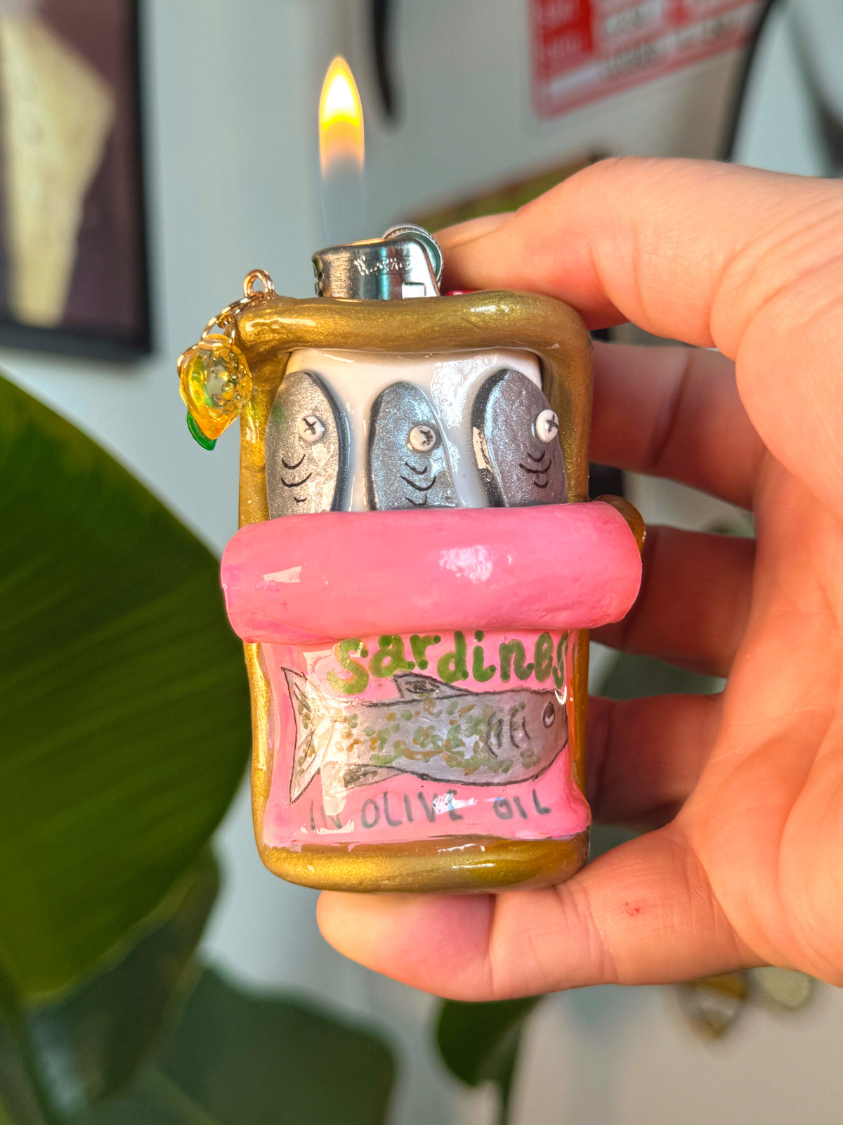 Sardines Tin Case with charm| Fits Standard Bic | Handmade Polymer Clay Art
